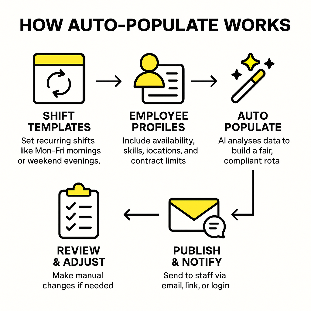 AI rota generation infographic showing automated shift scheduling process