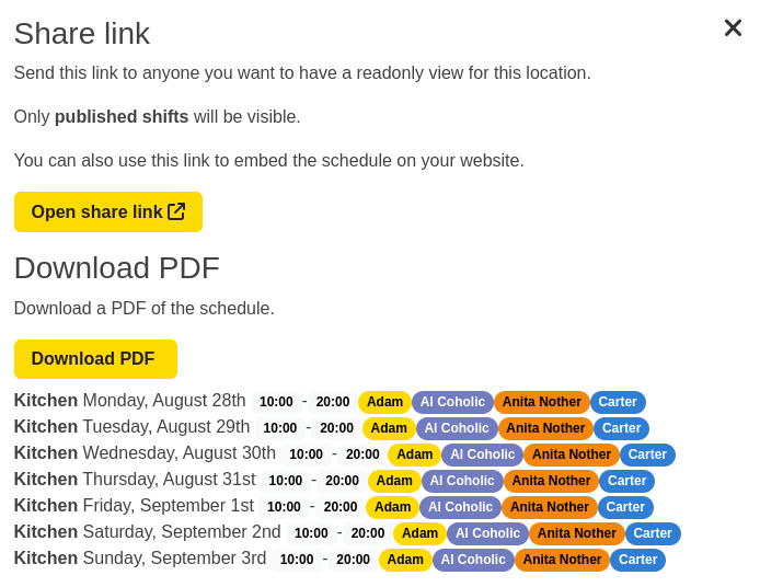 PDF export modal