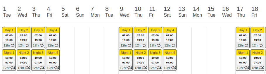 Night shifts added of 4 on 4 off shift pattern