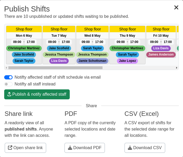 Publish shifts