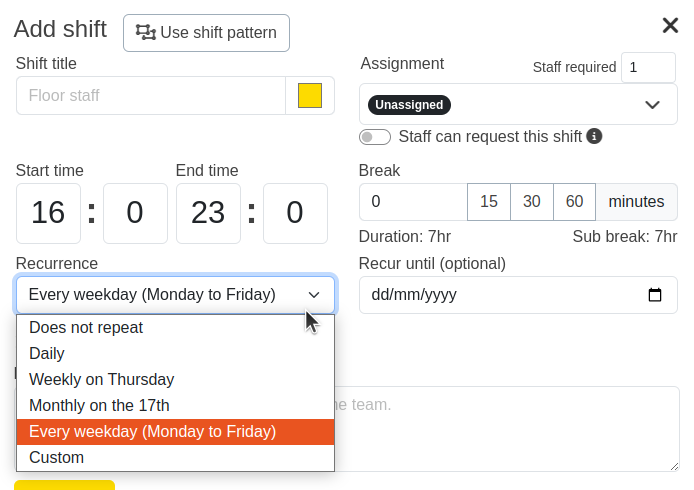 Example 1: Weekday Cleaning Shift