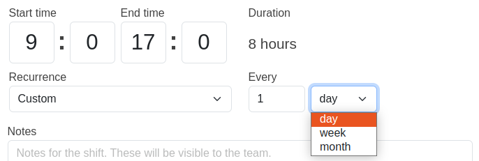 Recurring shift custom schedule options