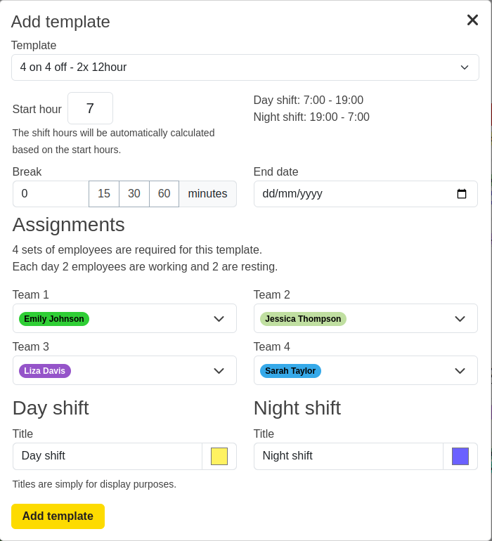 Select shift pattern 4 on 4 off template